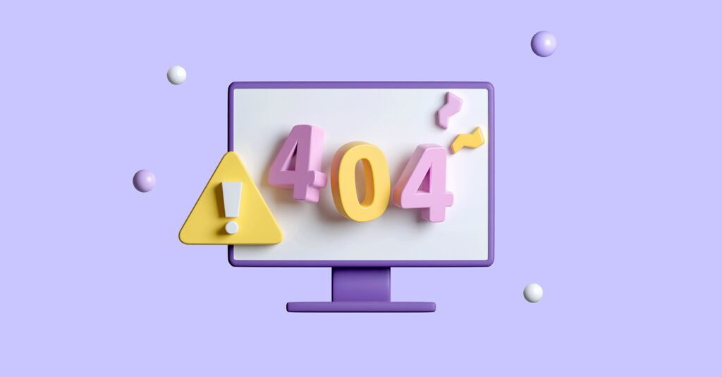 Animated computer desktop showing 404 text error