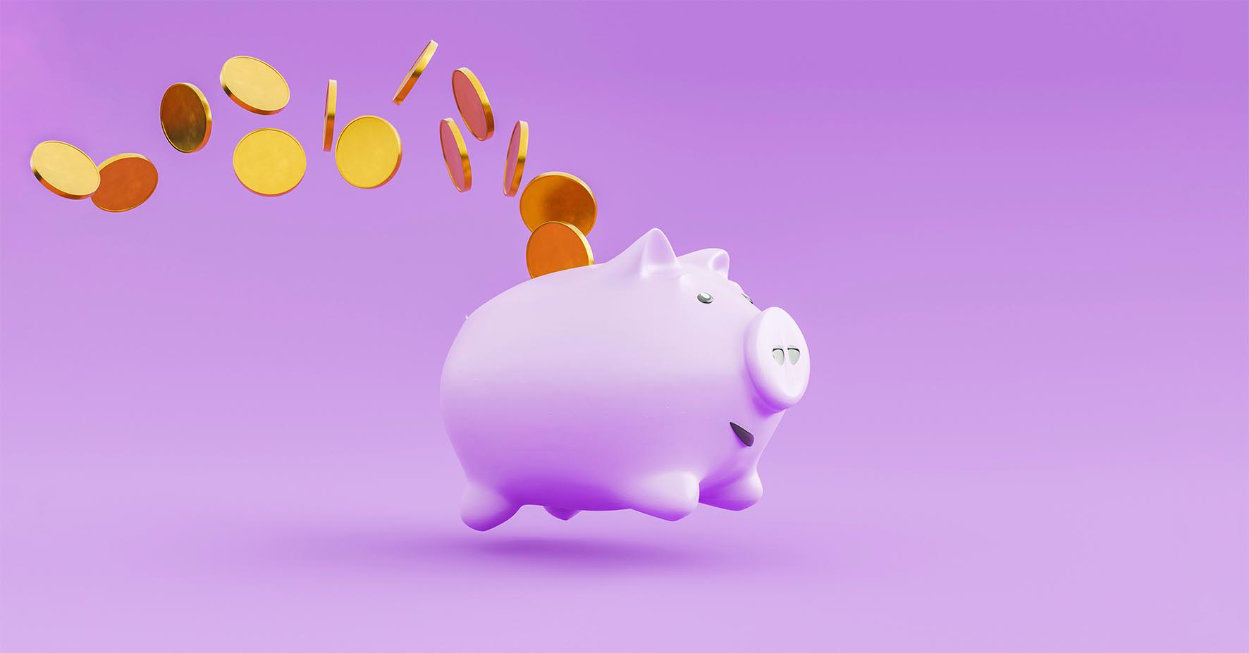 Pink animated piggy bank with coins flowing out