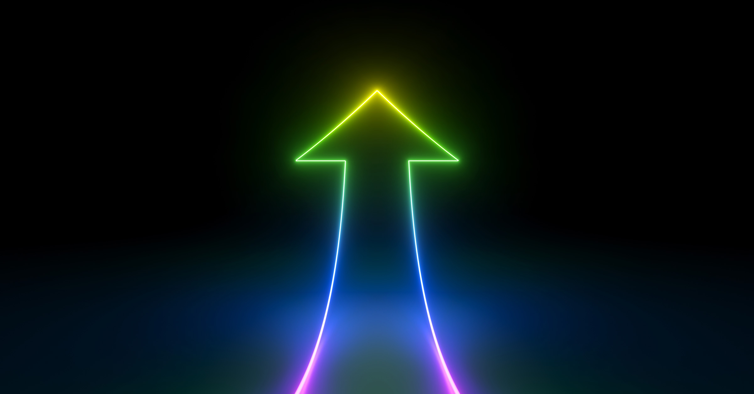 A glowing rainbow-colored-outline arrow pointing upwards against a black background